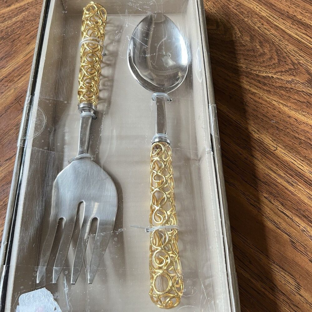 Pier 1 Imports Serveware Set Salad Serving Utensils Stainless  Gold Silver